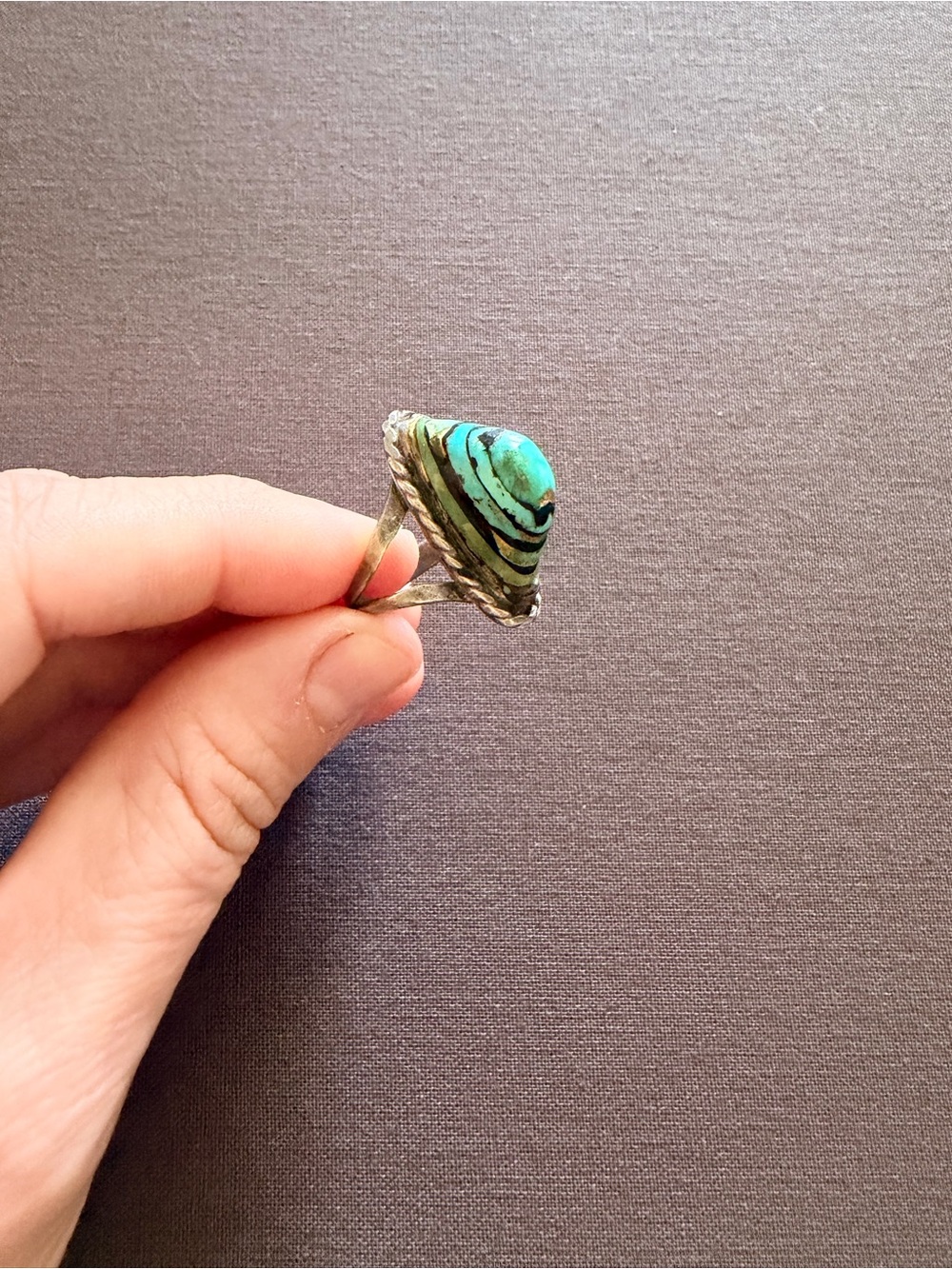 Turquoise and Black Striped Pyramid Shaped Statement Ring